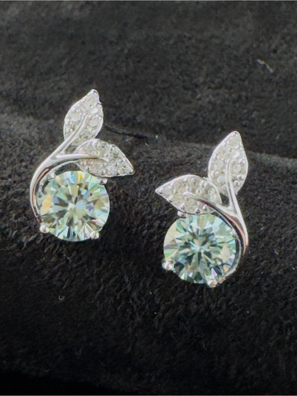 Silver Leaf Stud Earrings with Light Aqua Crystal